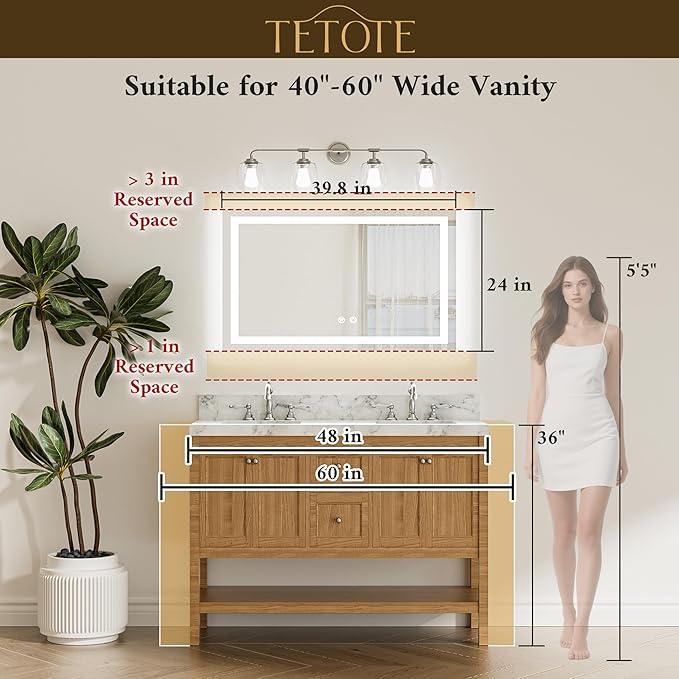 TETOTE LED Bathroom Mirror with Lights 40 x 24 Brighter Light up Mirror for Bathroom Vanity, Front and Backlit 3-Color Dimmable Illuminated Antifog Mirror Wall Mounted, Waterproof, Tempered Glass