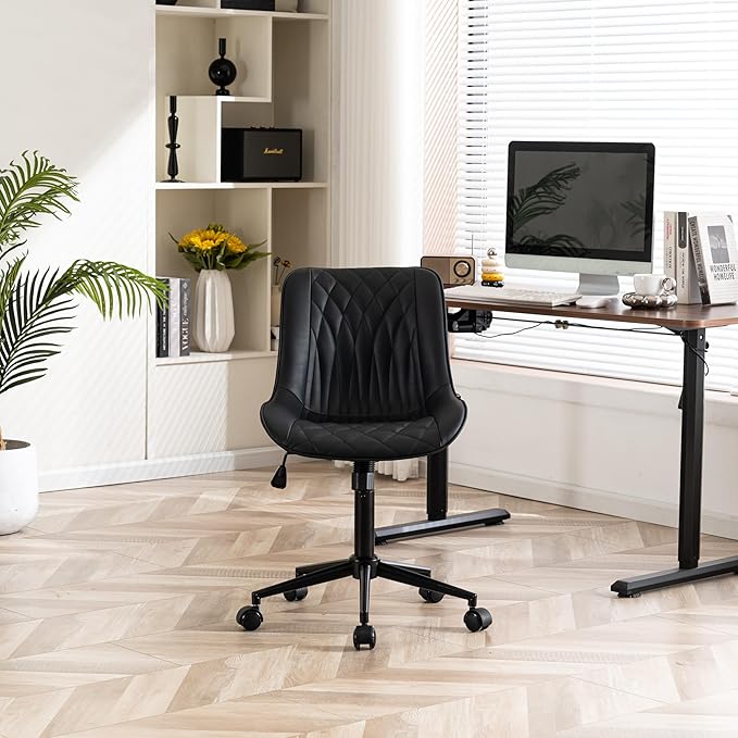 YOUNIKE Black Home Office Desk Chair Armless Comfy Small Ergonomic Rolling Vanity Chair with Wheels Wide Swivel Adjustable Modern Task Chair Back Cute Leather Upholstered Sewing Drafting Chair No Arms