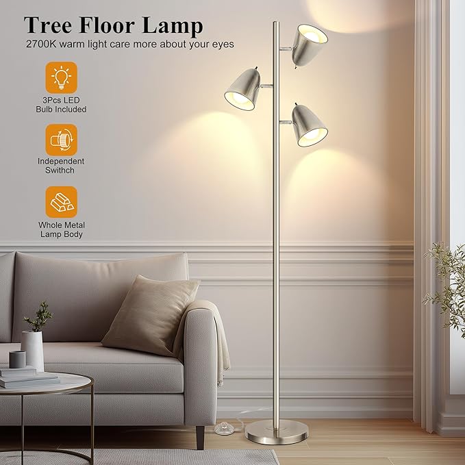QiMH Tree Floor Lamp with 3 Light Bulbs, Standing Tall Pole Lamps for Living Room Bedroom Office, Reading Stand up Lamps with 3 Adjustable Arms,Brushed Nickel