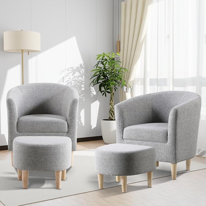 DAZONE Accent Chair with Ottoman, Mid Century Modern Barrel Comfy Fabric Armchair and Footrest Set, Upholstered Club Tub Round Arms Chair for Living Room Bedroom Reading Room, Grey