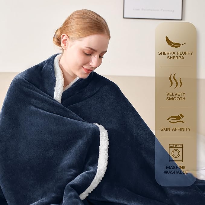 BEAUTEX Sherpa Fleece Throw Blankets, Soft Fluffy Flannel Plush Blanket and Throw, Fuzzy Cozy Blue Cuddle Blankets for Couch Bed Sofa Adults (50" x 60", NavyBlue)