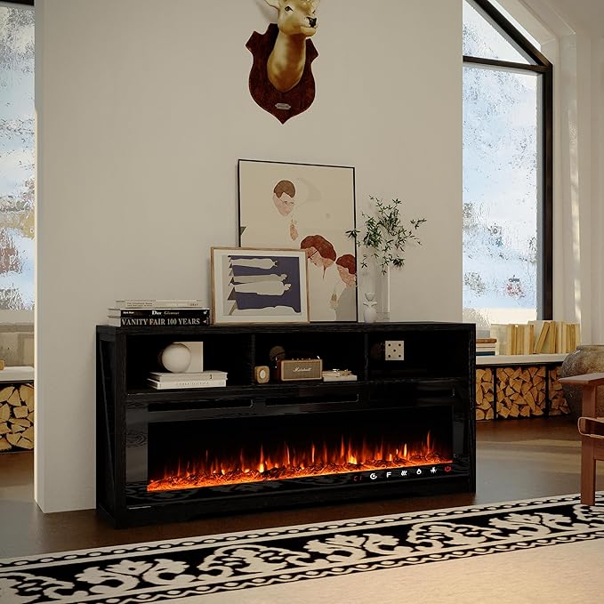 CharaVector Fireplace TV Stand with 60" Glass Electric Fireplace, Entertainment Center with Power Outlets for Up to 75" TVs, Black TV Cabinet with 3 Open Storage Cabinets, TV Console for Living Room