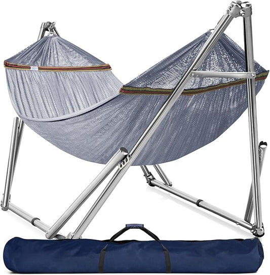 Tranquillo Double Hammock with Stand 650lb Capacity Double Hammock with Spreader Bar, Solid Grade 201 Stainless Steel 30s Set Up, Sturdy Flexible Hammock Stand Portable, Outdoor Indoor, Grey