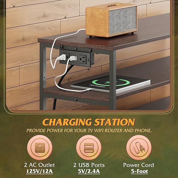 WLIVE Grey TV Stand for 40, 45 inch TV, Entertainment Center with LED Lights & Charging Station, TV Media Console Table with 6 Fabric Drawers and Open Shelves for Living Room, Hallway, Dark Grey