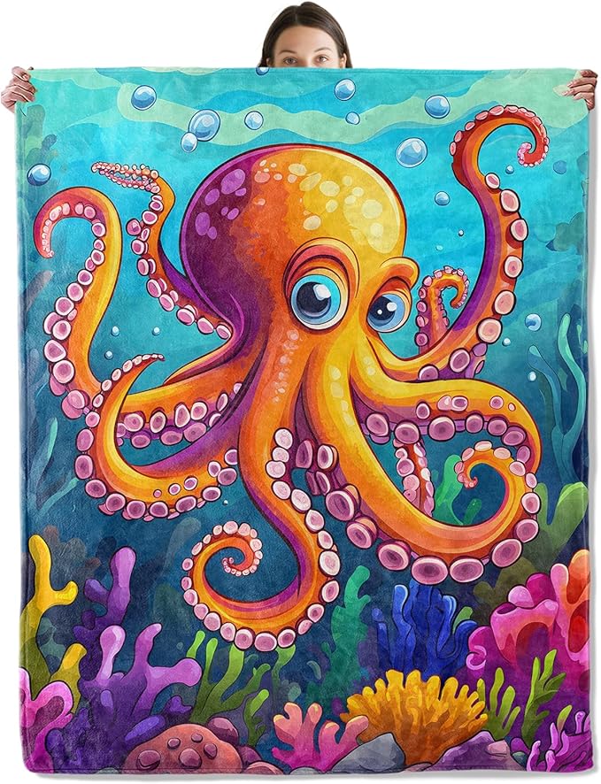 Funny Octopus Blanket, Cozy Flannel Cute Cartoon Octopus with Coral Throw Blanket for Couch Outdoor, Plush Soft Lightweight Travel Blankets for Bed Decor & Gifts, for Women Adults Kids 50"x60"