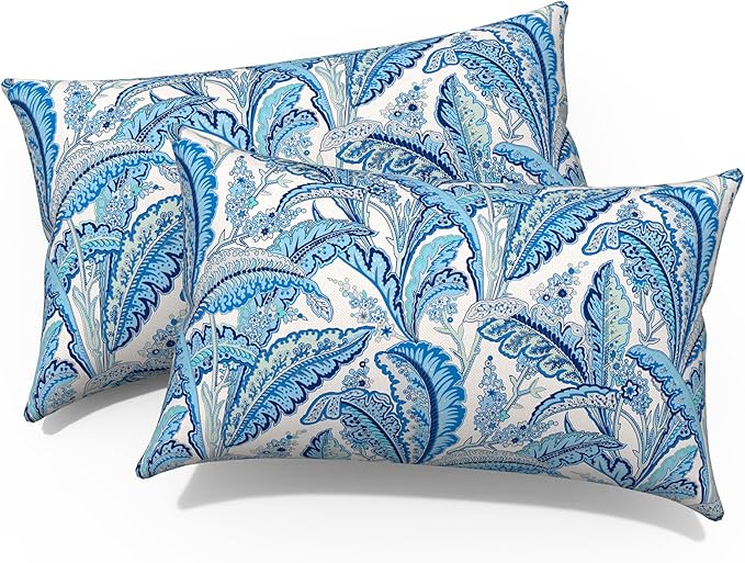 Outdoor/Indoor Lumbar Pillows, Water Repellent Cushion Pillows, 12x20 Inch, Outdoor Pillows with Inserts for Home Garden, Pack of 2, Monotone Leaves Blue