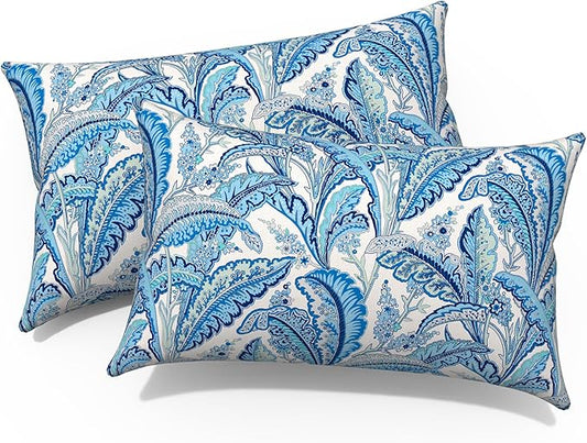 Outdoor/Indoor Lumbar Pillows, Water Repellent Cushion Pillows, 12x20 Inch, Outdoor Pillows with Inserts for Home Garden, Pack of 2, Monotone Leaves Blue