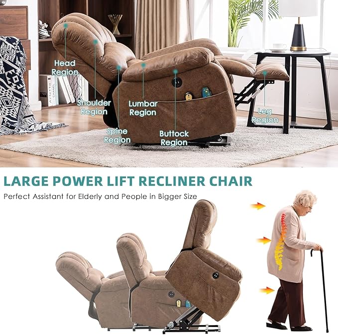 MEETWARM Tall Man Large Power Lift Electric Recliner Chair with Extended Footrest for Elderly, Overstuffed Wide Recliner with Heat & Massage, 2 Remote Controls, Side Pockets, USB Ports(Brown)