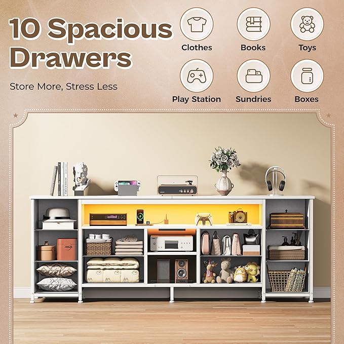 Huuger 63 Inch LED TV Stand Dresser with Power Outlets, USB-C Port and LED Lights, 10 Fabric Drawer Dresser for Bedroom, Long Entertainment Center for 65, 70 Inch TV, Open Shelves, PU Leather, White