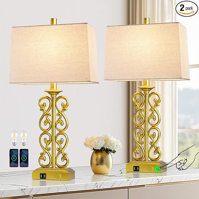 25" Modern Touch Resin Table Lamps Set of 2 for Living Room Bedroom, 3-Way Dimmable with Dual USB Ports, Vintage Nightstand Lamp for Home Office Hotel, 2 Bulbs Included (Gold)