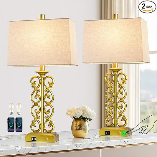 25" Modern Touch Resin Table Lamps Set of 2 for Living Room Bedroom, 3-Way Dimmable with Dual USB Ports, Vintage Nightstand Lamp for Home Office Hotel, 2 Bulbs Included (Gold)
