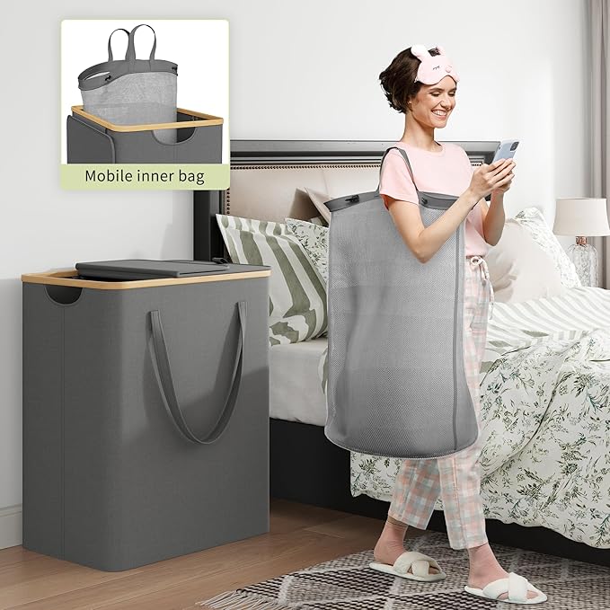 170L Laundry Hamper with Lid 3 Section, Extra Large Laundry Basket with 3 Removable Bags, Laundry Basket Organizer for Bedroom, Laundry Room, Dorm, Clothes Hamper, Grey
