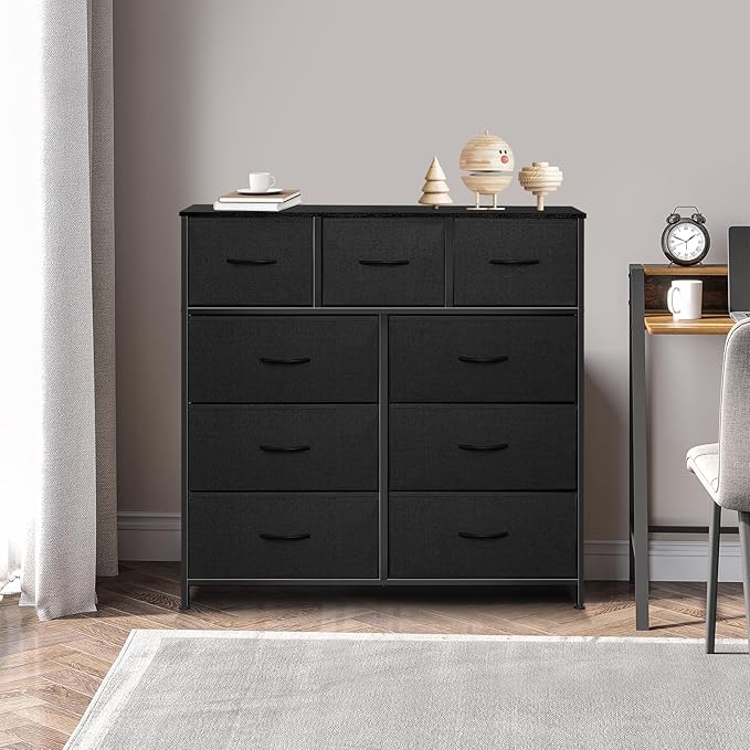Dresser for Bedroom with 9 Drawers, Chest of Drawers, Storage Drawers Organizer Unit, Black Wide Fabric Dresser with Fabric Bins for Closet, Living Room, Entryway (Charcoal Black)