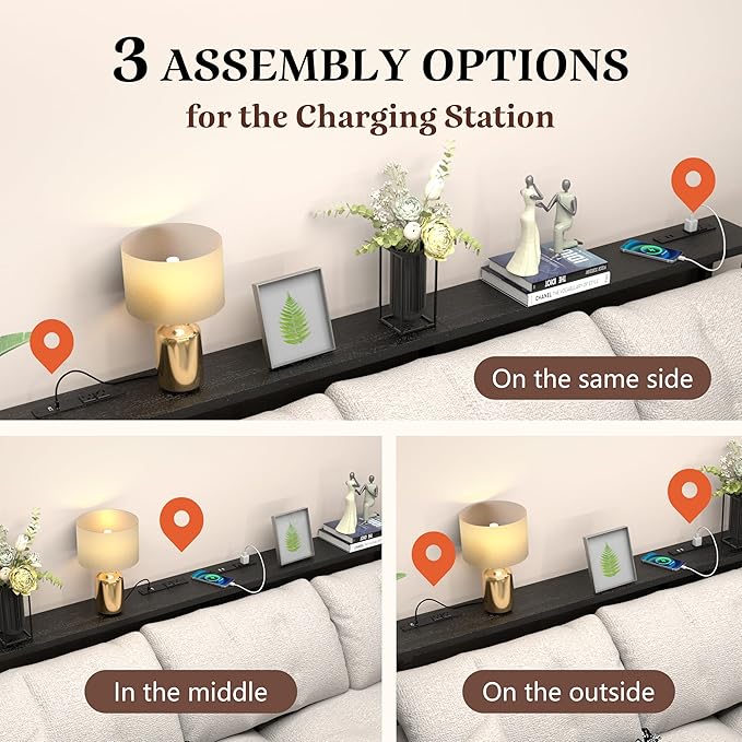 GRLEAF 63" Narrow Console Sofa Table with Built-in Power Strip (4 AC Outlets & 4 USB Ports) – 4.9ft Power Cord, Metal Frame, Easy Assembly, Ideal for Behind Couch, Hallway, and Home Office | Black