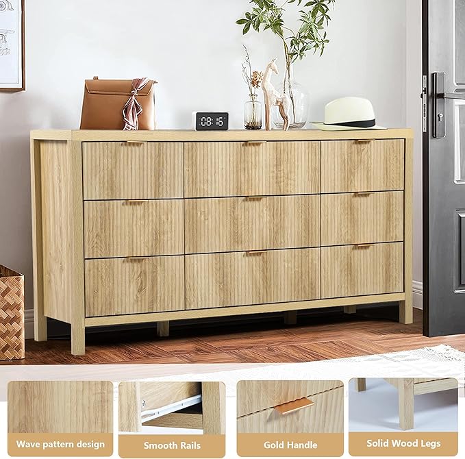 Fluted 9 Drawer TV Stand Dresser for Bedroom, Mid Century Modern Dresser with Drawers, Storage Organizer with 9 Drawers, Fluted Cabinet for Closet Cloth, Living Room, Entryway -Natural