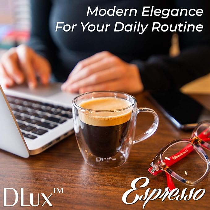DLux Lungo 5.4oz Coffee Cups Double Wall, Clear Glass set of 2 Glasses with Handles, Insulated Borosilicate Glassware Tea Cup