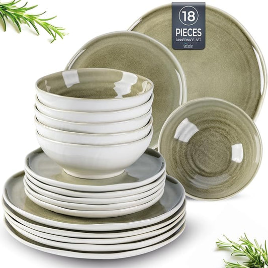LERATIO Ceramic Dinnerware Sets for 6,Porcelain Plates and Bowls Sets with Wavy Edge,Microwave & Dishwasher & Oven Safe,Light Weight & Scratch Resistant Dishes Sets-Olive Green