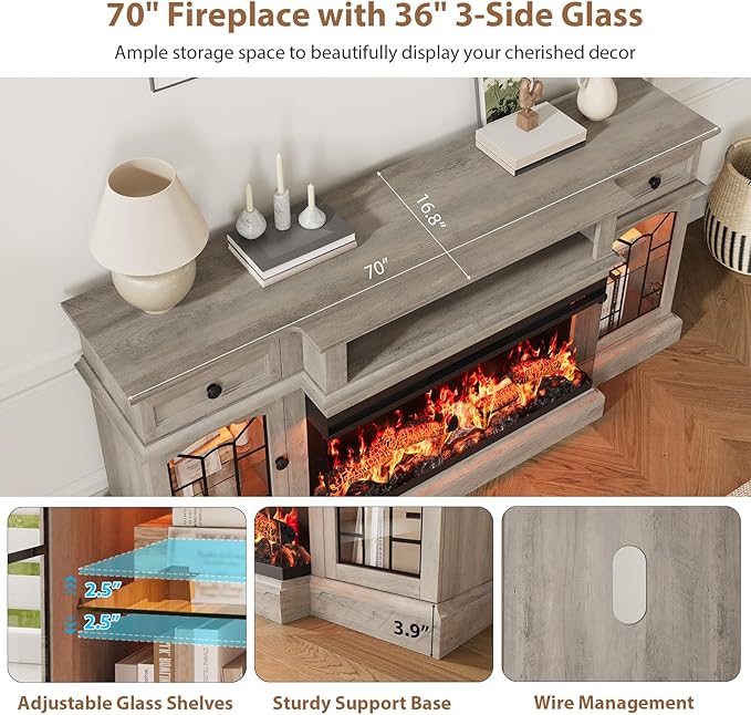 QUW 70" Farmhouse Fireplace TV Stand for TVs up to 80", Entertainment Center with 36" 3-Side Glass Electric Fireplace with Open Shelf and Cabinet, TV Console for Living Room, Grey