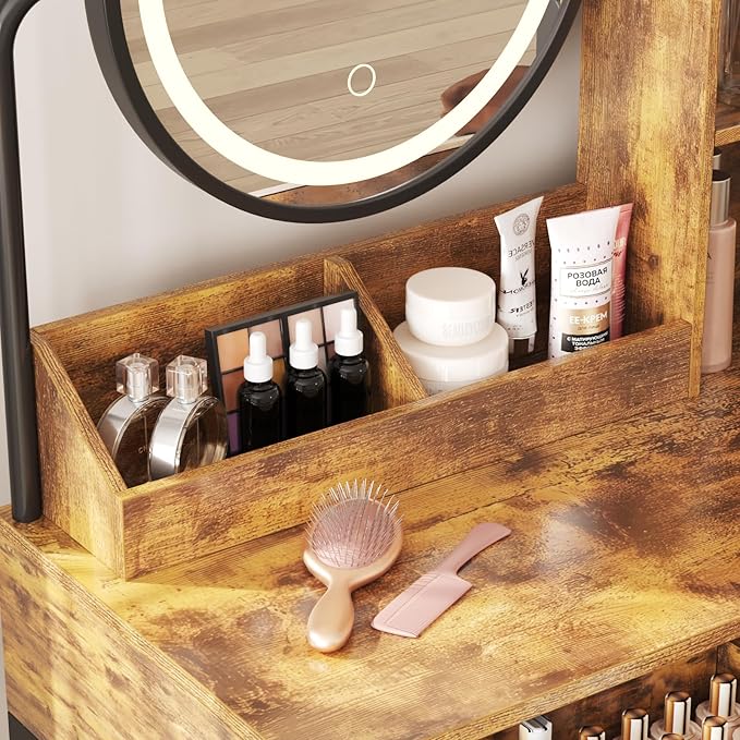 Makeup Vanity Desk with Round Mirror and Lights, Vanity Makeup Table with 2 Drawers, Small Vanity Table for Bedroom with Lots Storage (Brown with Charging, 15.75 * 31.5 * 53.6in)
