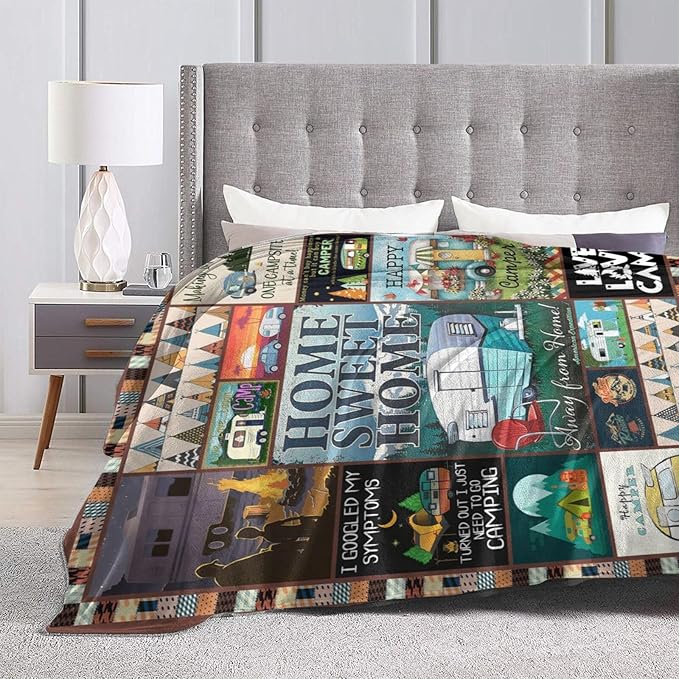 Camping Blanket Soft Warm Plush Throw Blanket Happy Camper RV Gifts for Camper Lover Cozy Lightweight Flannel Fleece Stuff Decor Blanket for Girls Boys Kids Adults Women Bed Travel 40"x50"