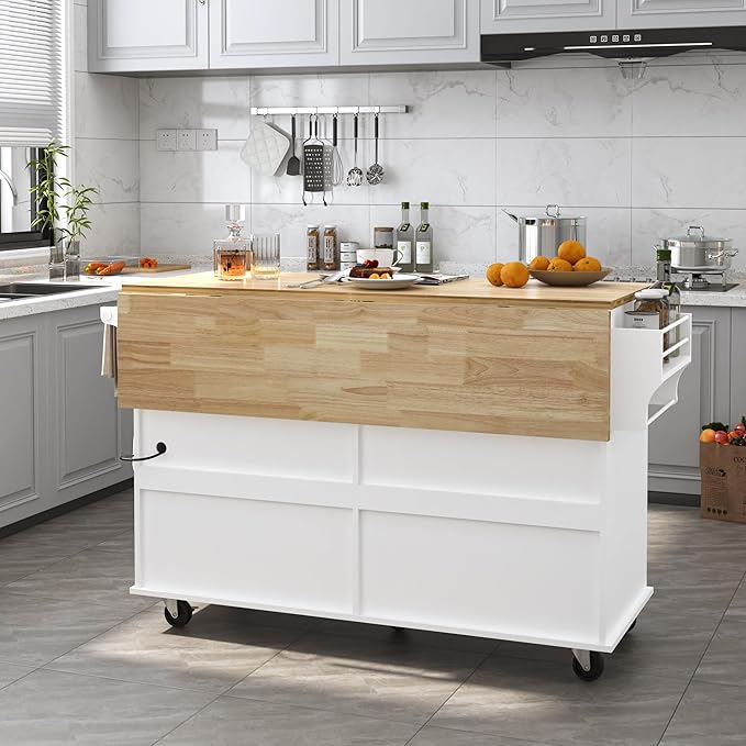 59" Kitchen Cart with Wood Top and Drop Leaf Breakfast Bar, Rolling Mobile Kitchen Island Table on Wheels with Drawer and Storage Cabinet, Spice Rack, Towel Rack, White