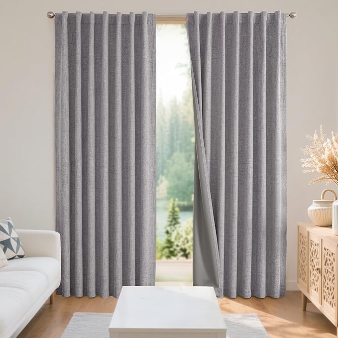 Joydeco 100% Blackout Curtains for Bedroom - Natural Linen Curtains 70" W x 96" L Long, Thermal Insulated 1 Panels Light Grey. Room Darkening Light Blocking Drapes for Living Room