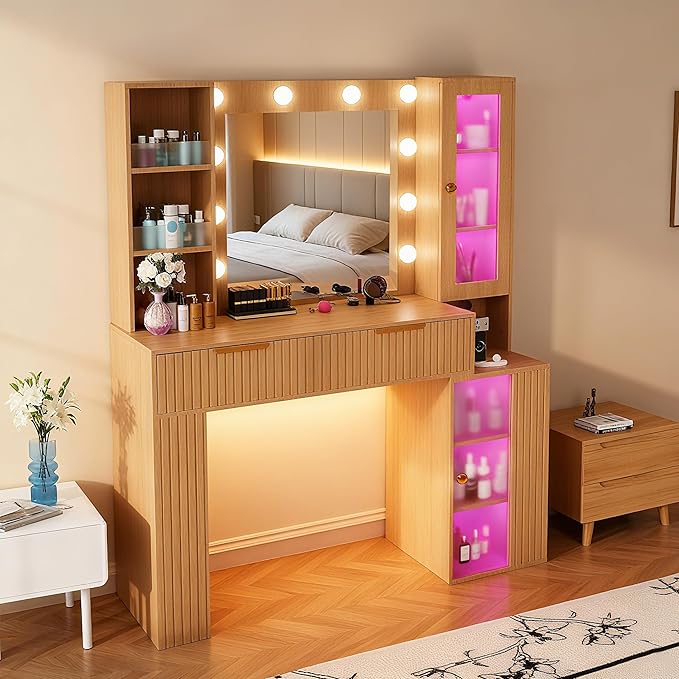 Vanity Desk with Mirror and Lights with Glass Table Top, Makeup Vanity Table with LED Lights,Dressing Table with Storage Cabinet, Brightness Adjustable, Vanity Set for Bedroom,Oak