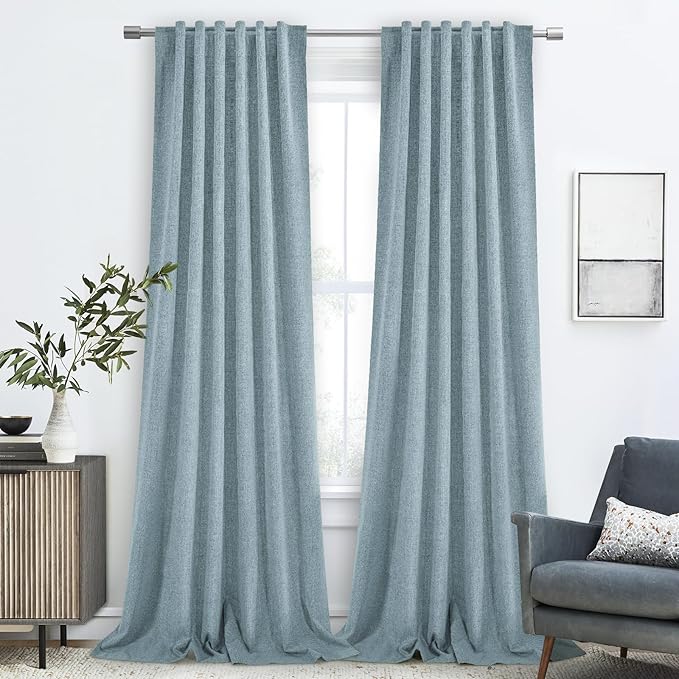 Linen Total Blackout Curtains 96 Inches Long for Living Room, Back Tab Room Darkening Black Out Insulated Thermal Sliding Glass Door Curtains 2 Panel Sets 8FT Length, Dusty Blue