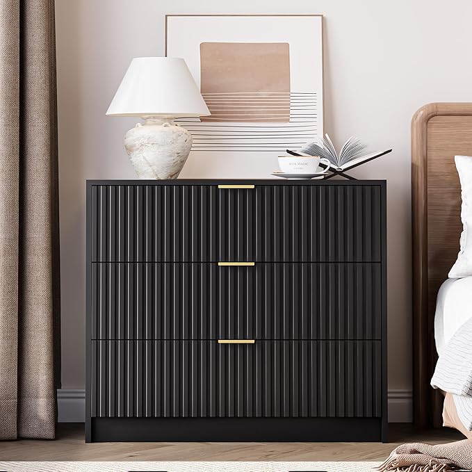 Black Fluted Dresser for Bedroom, 32 Inch Wide Nightstand with Large Drawer, 3 Drawer End Table for Bedroom, Living Rooms, Offices, and Entryways
