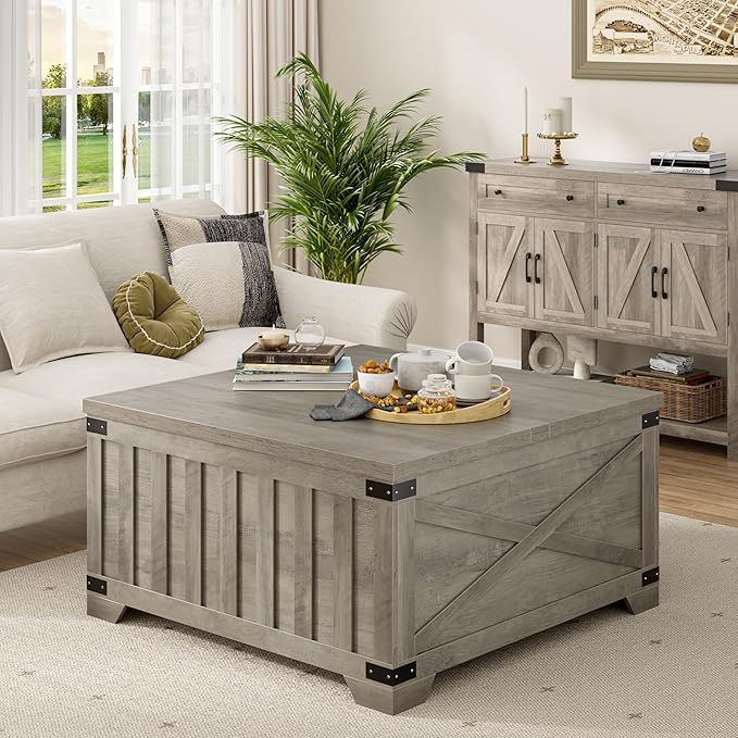 HOSTACK Farmhouse Coffee Table with Storage, 35.4" Square Center Table with Hinged Lift Top, Vintage Wood Cocktail Table with Thickened Top for Living Room, Home (Ash Gray)