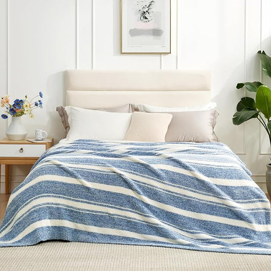 Snuggle Sac Queen Size Bedding Blankets, Oversized Bed Blankets Super Soft Warm Cozy Knit Fuzzy Blankets for Bed, Bedroom, Stripe Blue, 90"x90"