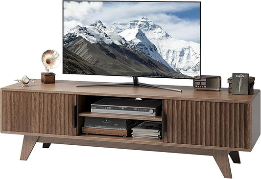 Claiks Mid-Century Modern TV Stand for 65 inch TV, Wood Fluted TV Stand with Storage and Adjustable Shelves, Low Profile TV Console for Living Room, Walnut