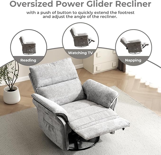 Oversized Power Recliner Chairs for Adults with Massage and Heat, Power Swivel Rocker Recliner Chair with Adjustable Headrest, 26" Extra Wide Rocker Nursery Recliner with USB Port, Light Grey