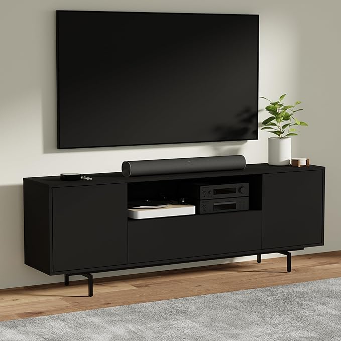 Norrhaus 75-Inch Modern TV Stand – Black Finish, 26-Inch Height, No Tools Assembly Technology, Storage Cabinets with Center Channel Speaker Shelf, Mid-Century Modern Design