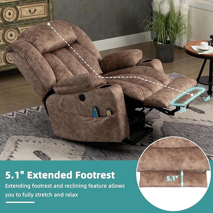 MEETWARM Large Power Lift Electric Recliner Chair with Extended Footrest for Big Tall Man, Overstuffed Wide Recliner with Heat and Massage, 2 Remote Controls/4 Side Pockets/USB Ports(Plush-Brown)