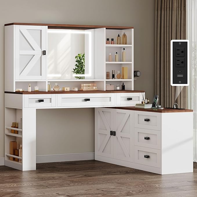 YITAHOME 48'' Farmhouse Makeup Vanity Desk with Mirror and Lights, 68'' 360° Rotation Big Modern Lighted Vanity Table with 6 Drawers & Lots Shelves, Rustic Large Dressing Table, Antique White