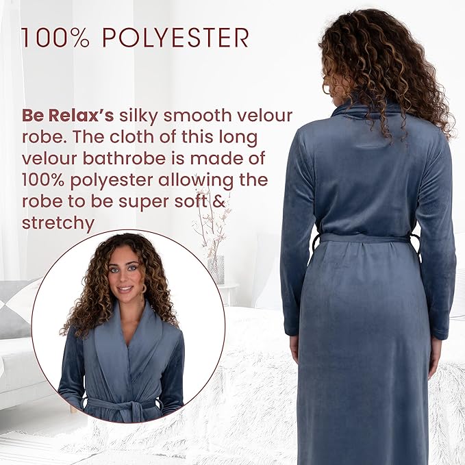 Be Relax Terry Velour Robe - Made of Polyester, Shawl Collar Robe with Belt & Side Pockets, Soft & Warm Bathrobe for Women