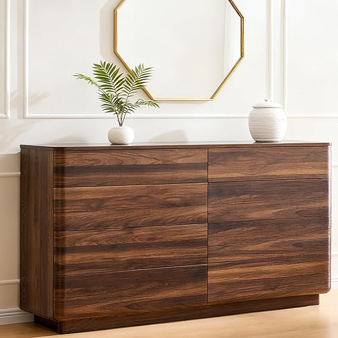 JXQTLINGMU 8 Drawer Dresser for Bedroom, Modern Push-to-Open Chest of Drawers, Large Wood Storage w/Curved Profile & Handleless Design, 52" Wide Dresser TV Stand for Bedroom, Living Room, Brown