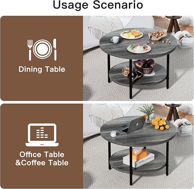 Coffee Table, 2 Tier Coffee Tables for Living Room, Round Coffee Table with Storage, Floor Table for Bedroom, Home Office, Dark Gray (27.6" D x 17.7" H)