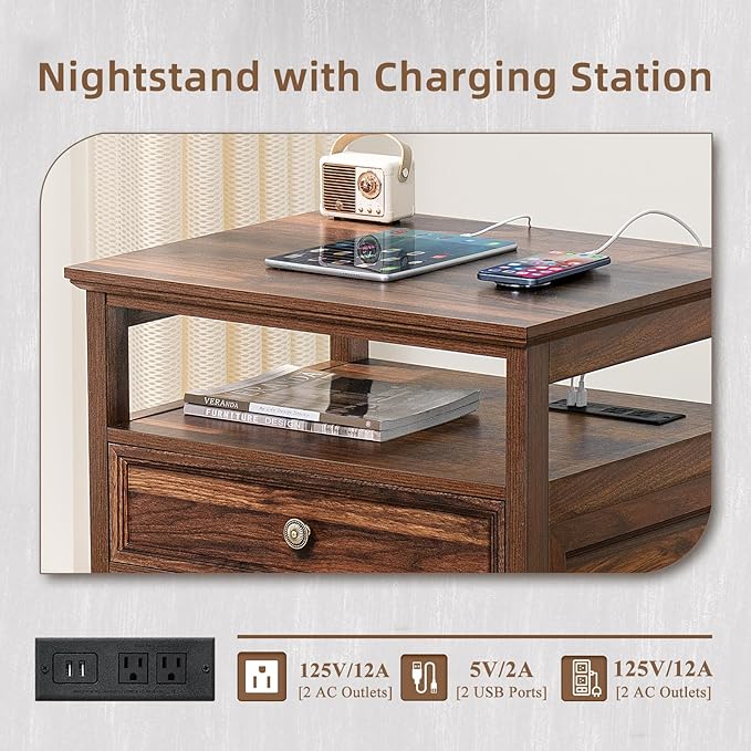 Farmhouse Nightstand with Charging Station, 24" Wide End Table with 2 Drawers,Brown Dresser for Bedroom, Bed Side Table Chest of Drawers Cabinet,Wood Night Stand for Living Room, Closet