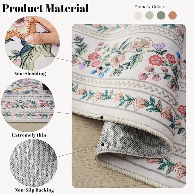 Bedroom Rug 3x5 Rug Washable Area Rug Non Slip Low Pile Vintage Floral Small Carpet for Bedroom, Bedside, Kitchen, Entryway, Kids Room, Office, Beige