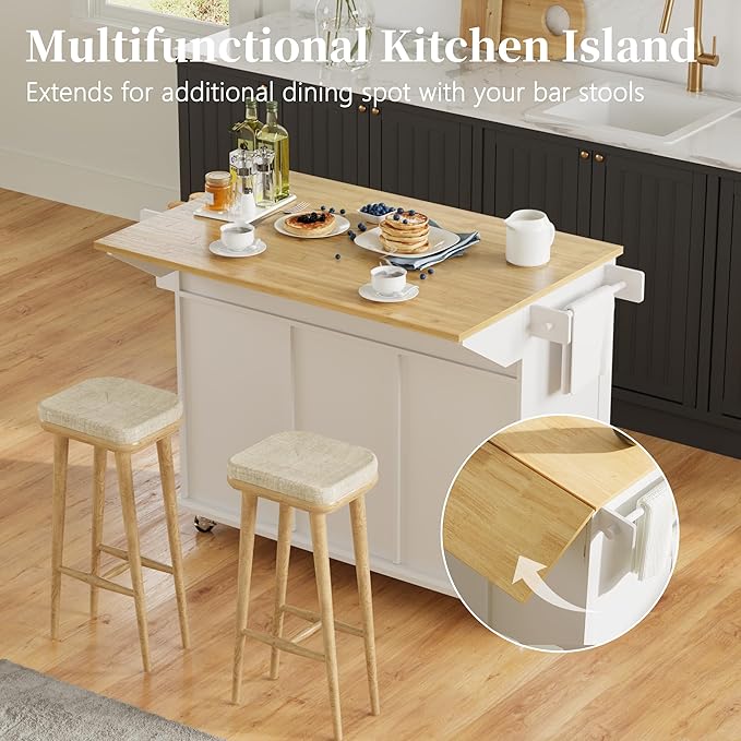 Rolling Kitchen Island Cart with Drop Leaf, Large Kitchen Island on Wheels with Storage and 2 Drawers, Mobile Island for Kitchen with Rubber Wood Countertop, Towel Rack (White, Large)