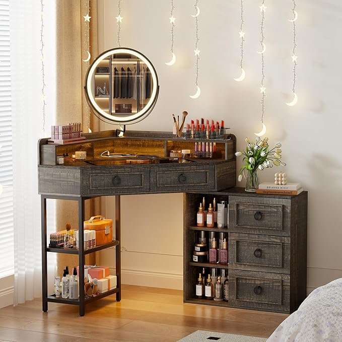 Corner Vanity Desk with Rotating Mirror and Lights,Glass Top Makeup Vanity with Human Body Senor&Charging Station,LED Vanity Table Set with 5 Drawers and Shelves for Bedroom