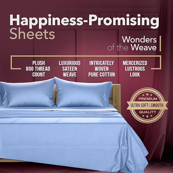 TEXAS LINEN CO. Egyptian Cotton Twin XL Sheet Set - Luxury 3 PC Deep Blue Sheets for Twin XL Bed, 800 Thread Count, 16" Deep Pocket with Extra Long Staple, Silky Soft Cooling Egyptian Cotton