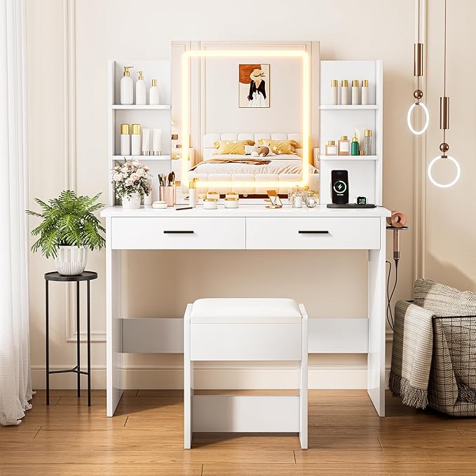KAMABOKO Vanity Desk with Mirror, LED Lights and Power Outlet, Makeup Vanity Table with 2 Drawers and 6 Storage Shelves, Dressing Table for Bedroom Dressing Room (White)