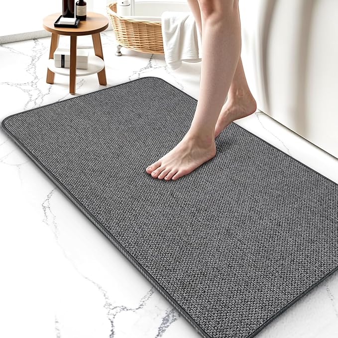 2 Pack Thin Bathroom Rugs, Bath Mat Super Absorbent, Bath Rugs Rubber Backing Non-Slip, Quick Dry Machine Washable, Cozy Cloth Bathroom Mat fit Under Door/Sink/Bathtub/Shower/Kids 17''x27''-DarkGrey