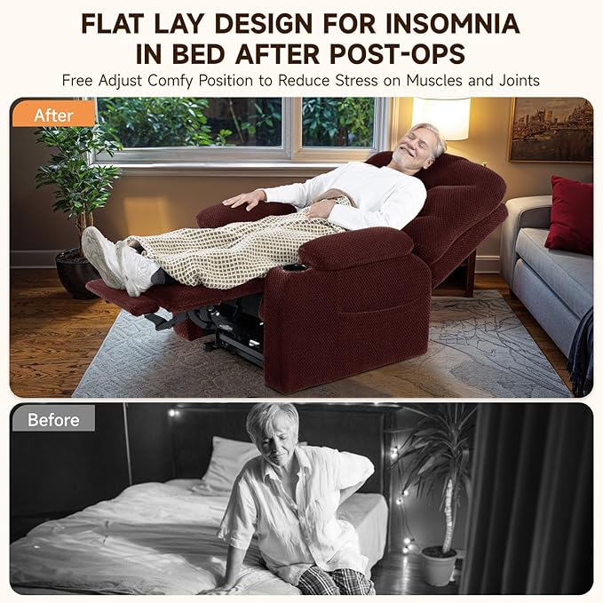 Triple Motor Large-Wide Power Lift Recliner Chair with Power Headrest for Big and Tall Elderly, Infinite Position, Massage Heat, Extend Footrest, USB, Cup Holder, Plush Flannel Red