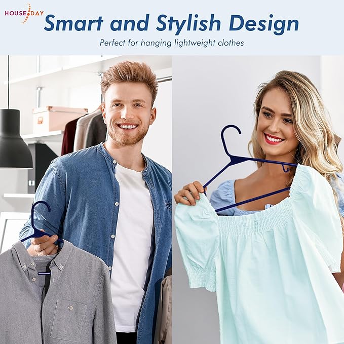 HOUSE DAY Blue Plastic Hangers 60 Pack, Clothes Hangers with Non Slip Hooks, Durable & Space Saving Coat Hanger, Light-Weight Clothing Hangers, Perfect Closet Organizer for Everyday Use