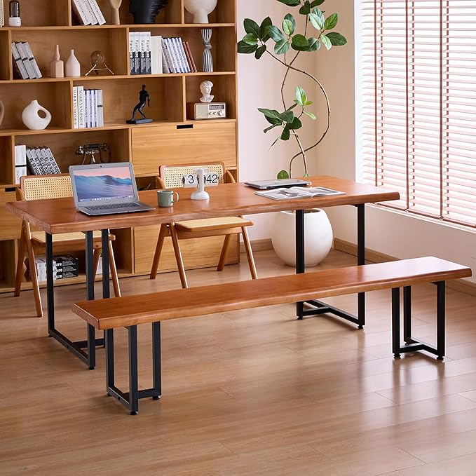 Solid Wood Administrative Desk, Dining Table with Durable Metal Legs, Uniquely Designed Leisure Table, Perfect for Restaurants and Home Offices, (Wood Brown, 55.12in)