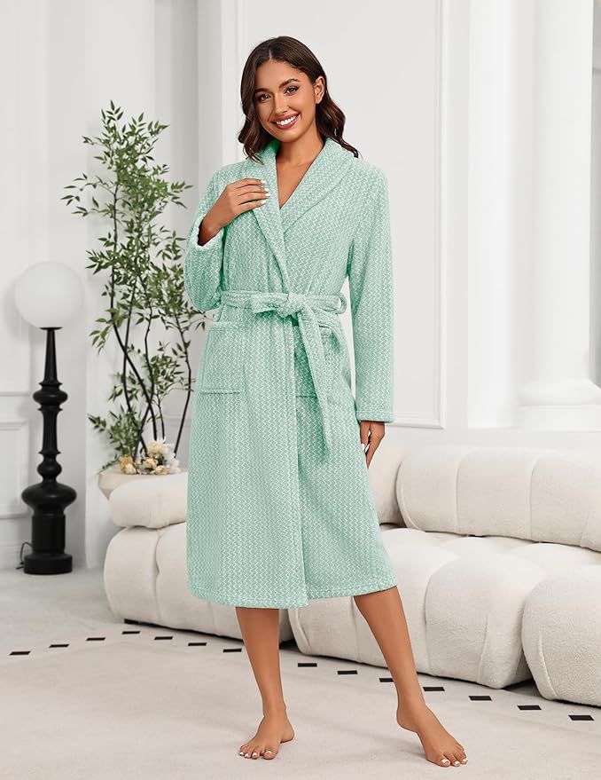 Ekouaer Women's Robe Plush Soft Long Bathrobe Cozy Warm Shawl Collar Spa Robe with Pockets